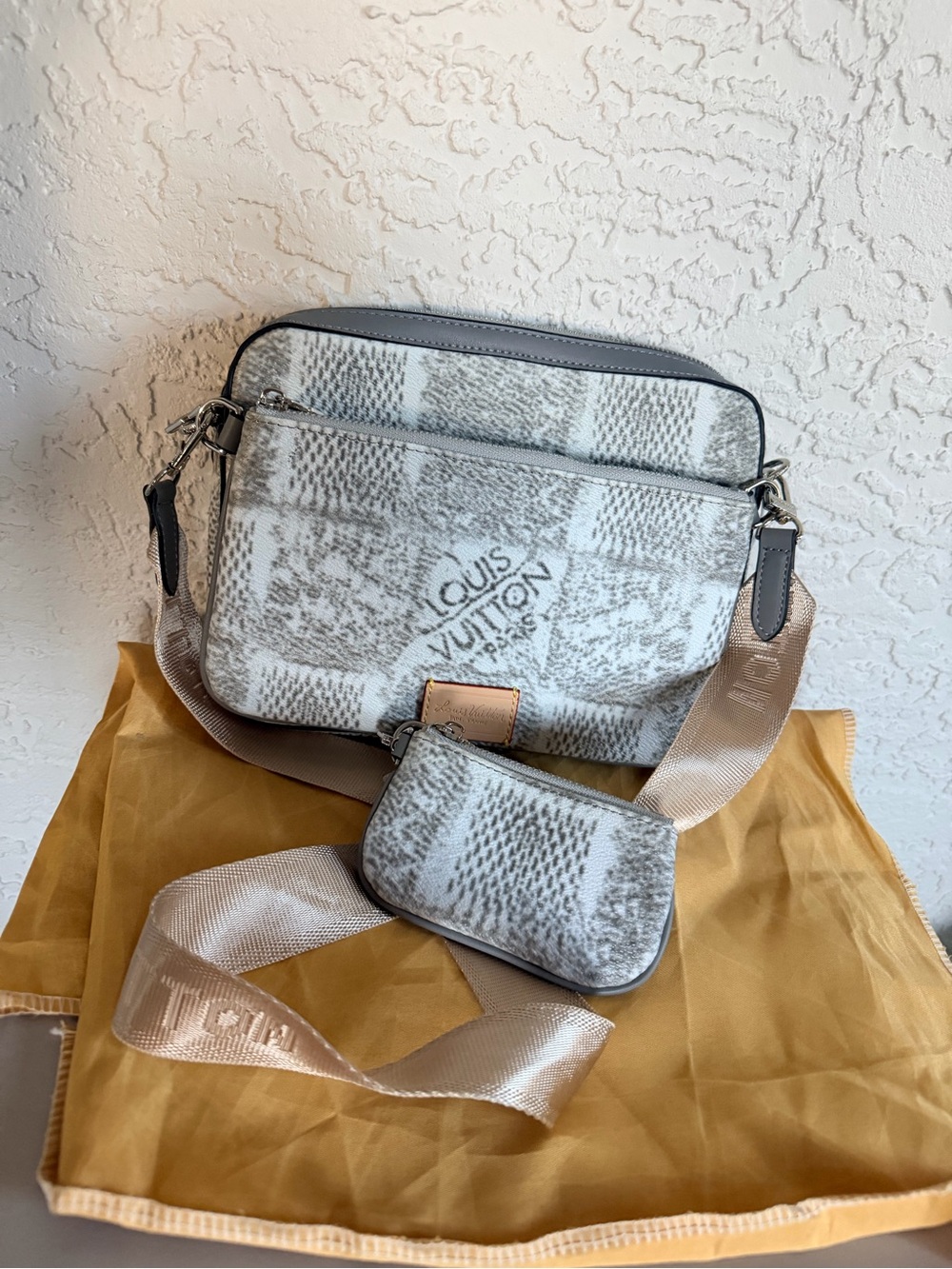 LV Fashion 3 piece Gray Check Crossbody Bag with Removable Pouch